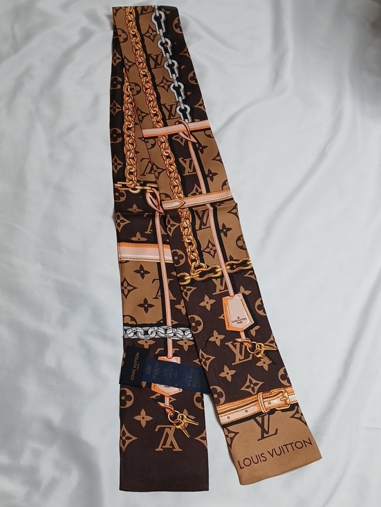 Louis Vuitton Accessories - Louis Vuitton Brown & Tan Monogram Silk Twilly with Equestrian Chain Motif